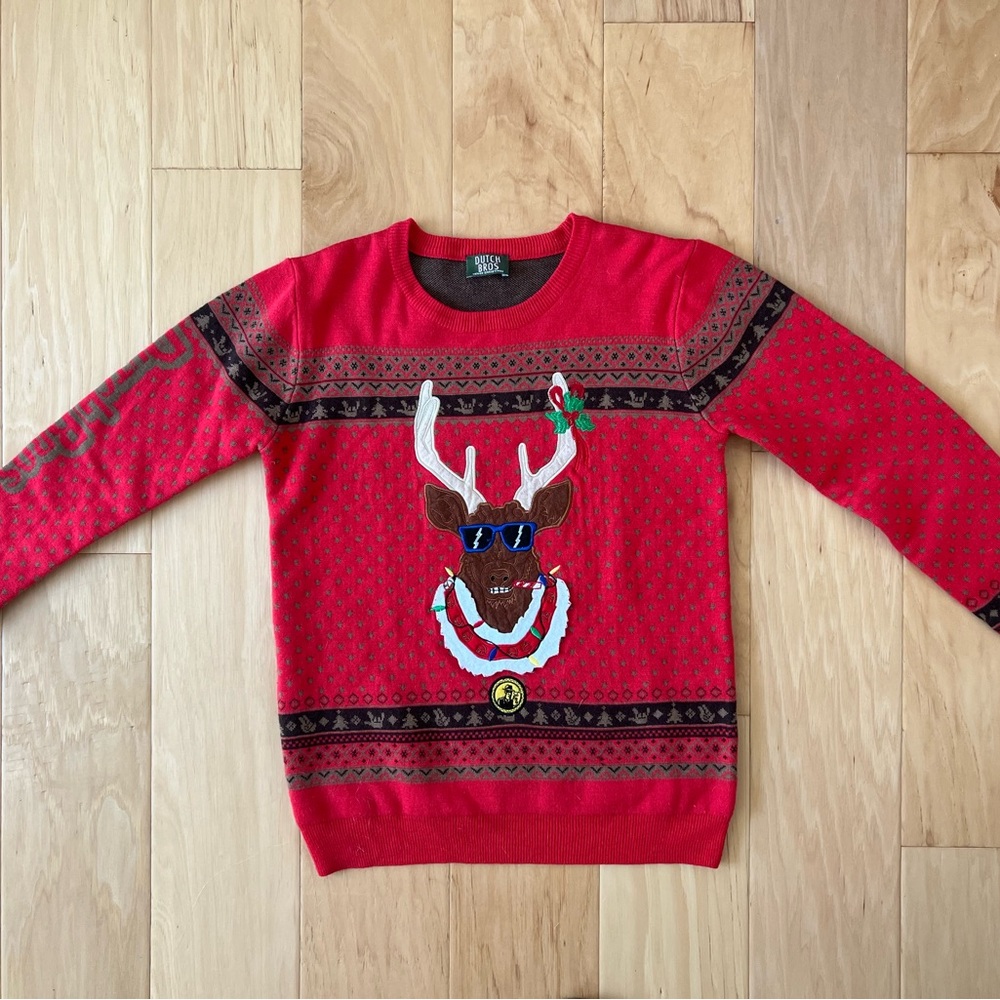 Dutch Bros ugly Christmas sweater. Large employee exclusive reindeer logo